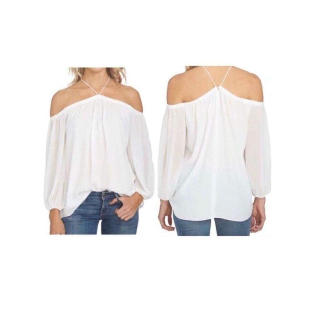 NWT 1 State Nordstrom’s M White Cold Shoulder Halter Chiffon Blouse Top in Cloud